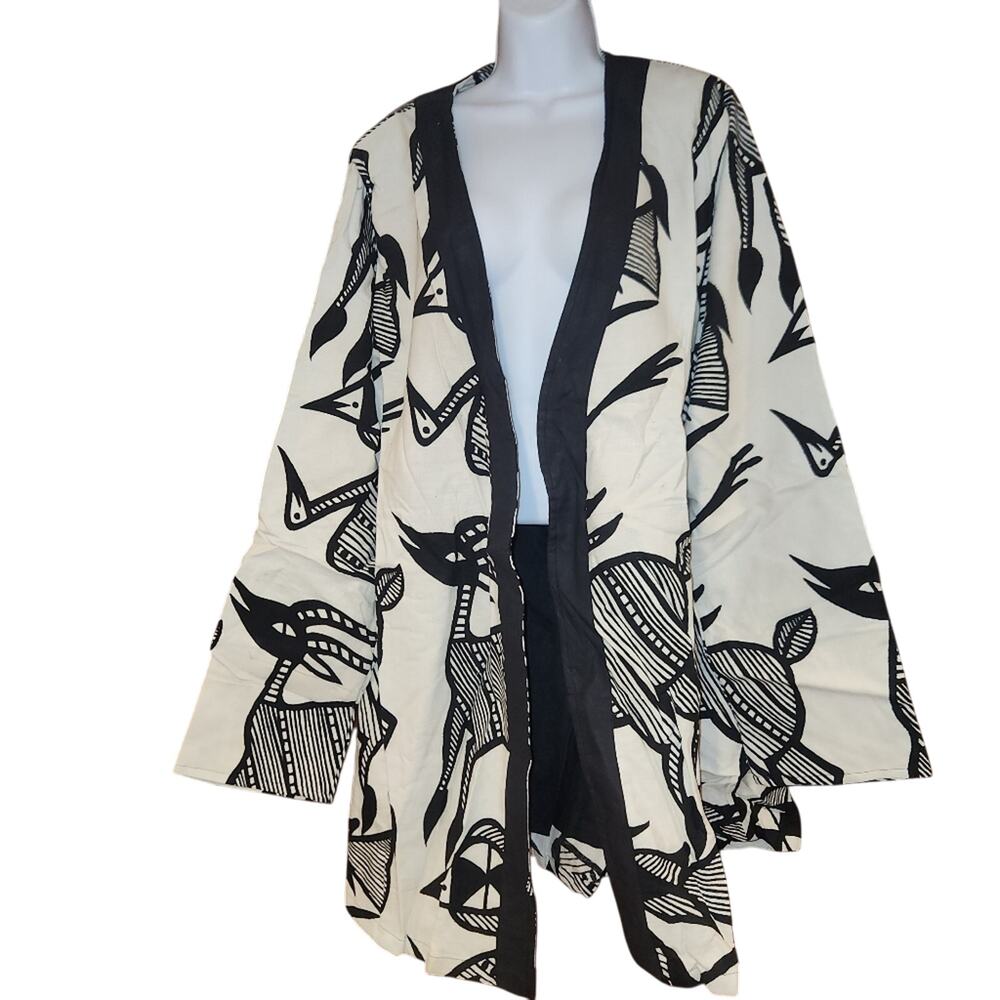 Nwt Golden Sea black & white kimono-like overcoat cotton with bird design ONE SZ